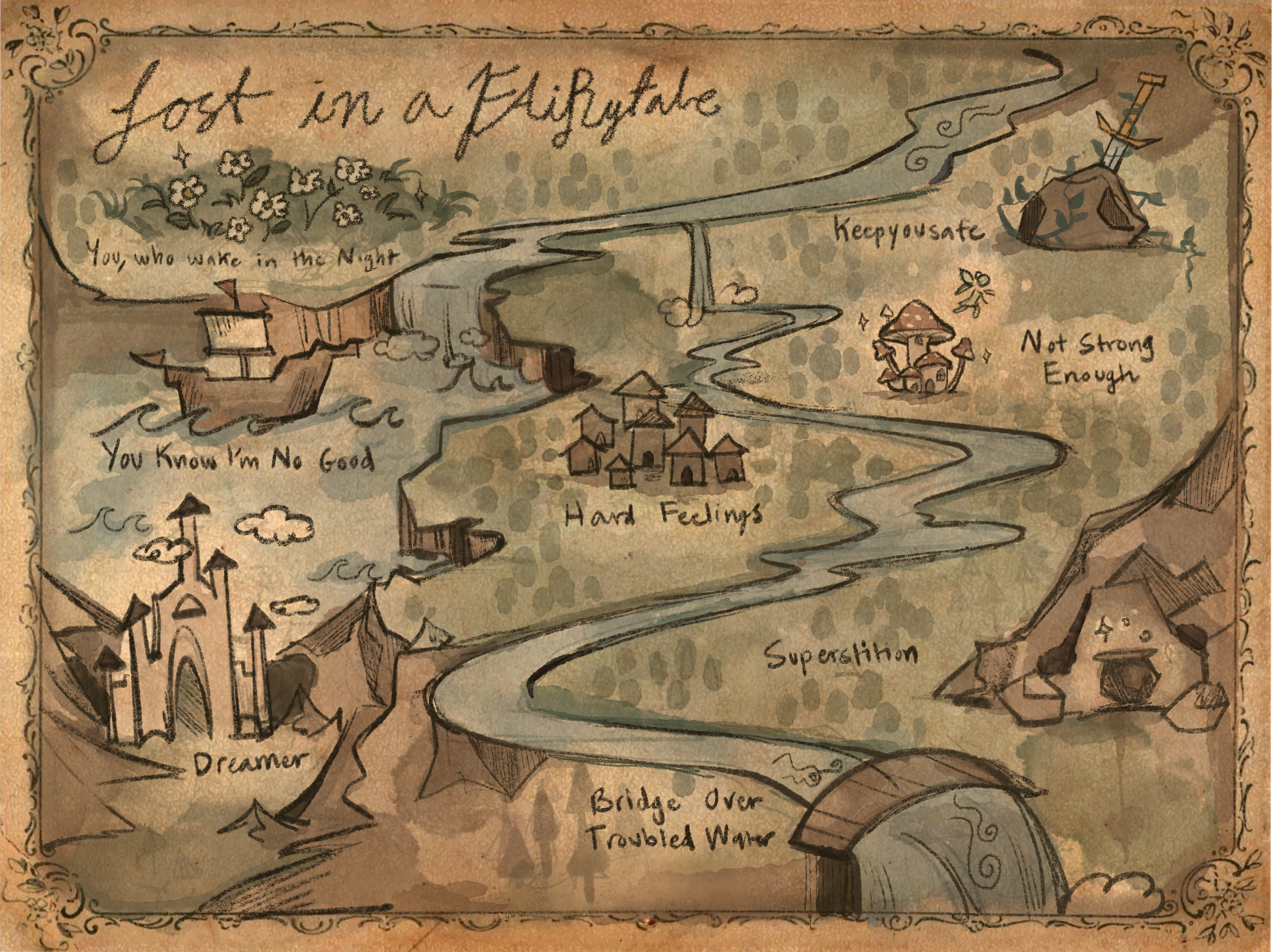 Illustrated fantasy map created as production design for an A Cappella show at Berkeley